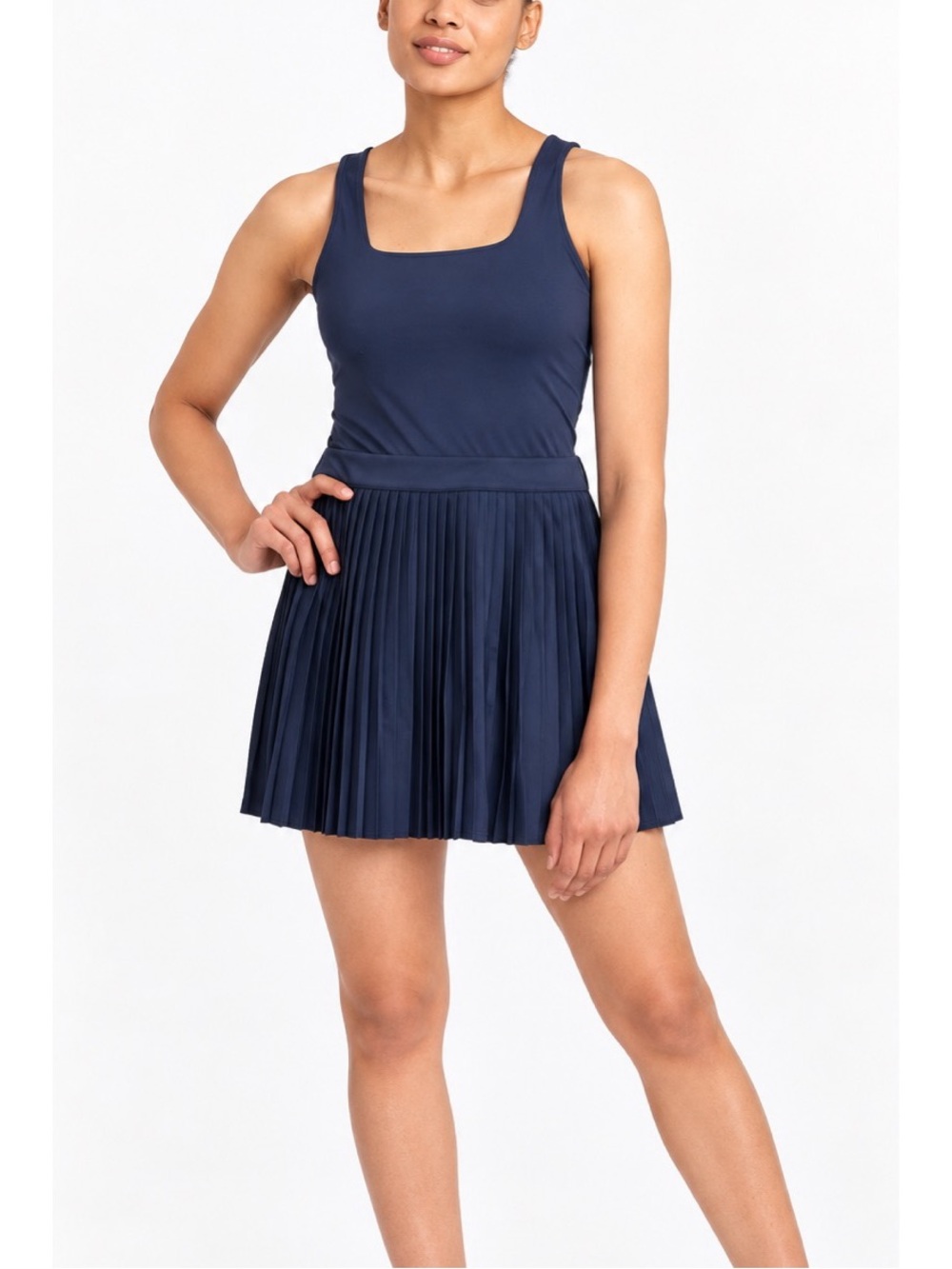 All in Motion Pleated Active Dress in navy blue, featuring a square neckline XL